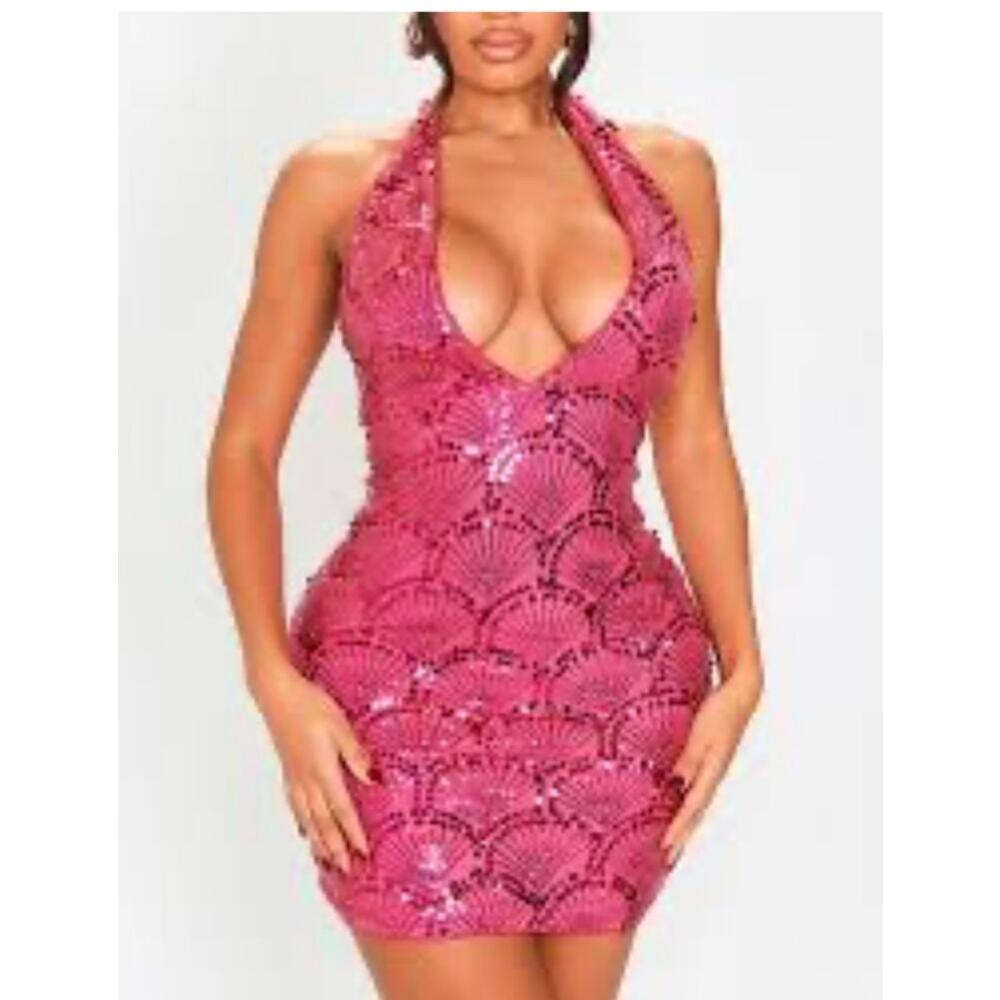 PrettyLittleThing Pink Sequin Shell Halter Mini Dress 8 Bodycon Y2K Party Club